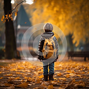 Childhood adventure Little boy with backpack explores autumn park