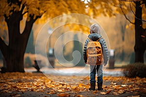 Childhood adventure Little boy with backpack explores autumn park