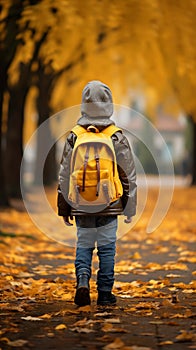 Childhood adventure Little boy with backpack explores autumn park