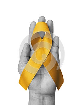 Childhood cancer awareness with gold ribbon isolated on white background with clipping path