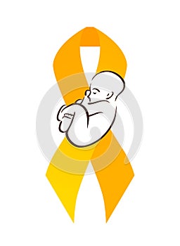 Childhood cancer. Sleeping baby and yellow ribbon. Children cancer awareness. Symbol of hope and care. Vector element