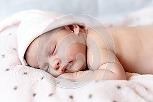 Childhood, care, motherhood, health, medicine, pediatrics concepts - Close up Little peace calm infant newborn