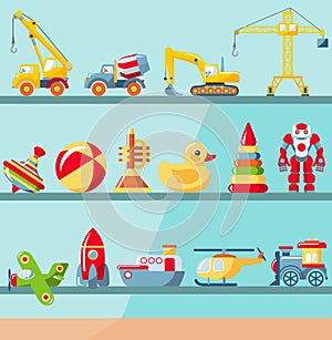 Childhood concept. Shop shelves with children toys set. Cabinet with different kids playthings. Vector illustration.