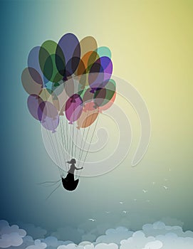 Childhood dream concept, girl silhouette flying on the air baloon and flying up to the sky with flock of flying birds