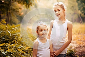 Childhood, family, friendship and people concept - two happy kids sisters hugging outdoors.