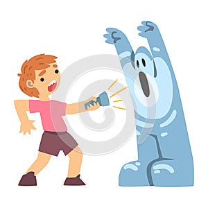 Childhood Fear with Scary Monster Frightening Little Boy with Flashlight Vector Illustration