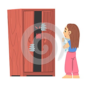 Childhood Fear with Scary Monster Peeped Out Wardrobe Frightening Little Girl Vector Illustration