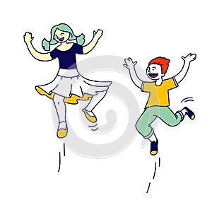 Childhood, Fun and Motion Concept. Happy Children Jumping on White Background. Little Boy and Girl Happily Playing