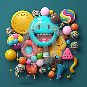 Childhood happiness 3d composition with smile, emoji, toys, bright baloons, objects and emotions