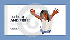 Childhood, Happiness, Joy, Fun Concept for Landing Page Template. Happy Girl Waving Hands View from Above