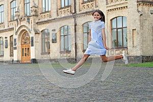 childhood happiness of teen girl with copy space. childhood happiness of teen girl outdoor.