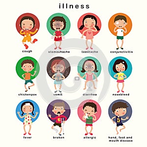 Childhood illnesses  set, vector illustration