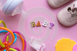 Childhood, love, care, hygiene, infants, - set of Necessary things stuff for newborn, shoes, pacifier, toy, bottle