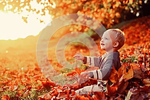 Childhood memories. Child autumn leaves background. Warm moments of autumn. Toddler boy blue eyes enjoy autumn. Small