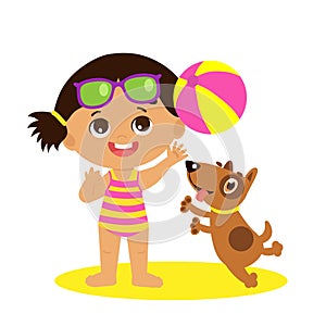 Childhood Memories. Cute Summer Girl Cartoon Vector. Girl Playing Ball With A Dog.