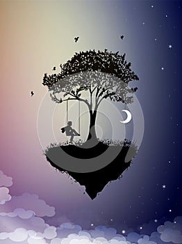 Childhood memories, piece of childhood on the fairy sky, boy on swing, silhouette scene in the dreamland,