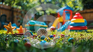childhood memories, toy clutter in the backyard evidences the carefreeness and joy of summer break for kids, creating a photo