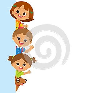 Childhood Is The Safest Period Of Human Life. Smiling Cute Kids Behind Vertical Banner.