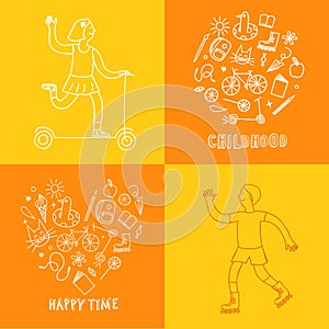 Childhood theme doodle set with kids and elements