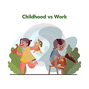 Childhood vs work contrast. Flat vector illustration