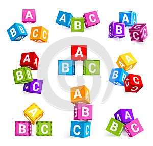Childish alphabetical cubes, educational toys vector realistic illustrations set