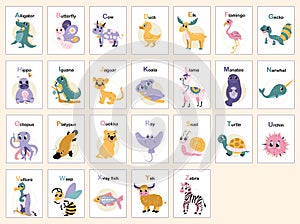 Childish animal alphabet from A to Z. Educational material for kids.