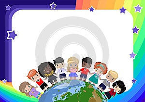 Childish background, diploma, certificate, frame, template with a rainbow and stars, with happy children of different races and