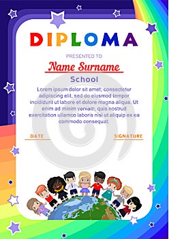 Childish background, diploma, certificate, frame, template with a rainbow and stars, with happy children of different races