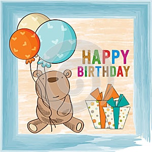 Childish birthday card with teddy bear