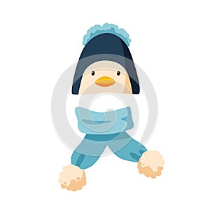 Childish bobble hat and plush scarf. Winter penguin cap with pompom for children. Flat vector cartoon illustration of