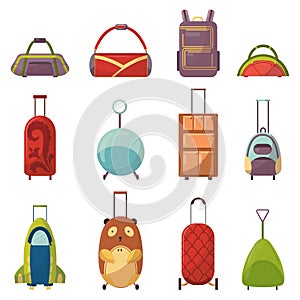 Childish cute bag types for trips collection. Wheeled child handle travel bag. Variety bright backpacks for school