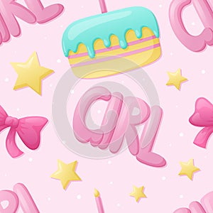 Childish cute seamless pattern. Birthday cake for baby girl, stars and bows. Cartoon vector illustration