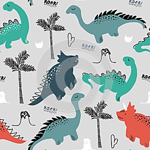Childish dinosaur seamless pattern for fashion clothes, fabric, t shirts. hand drawn vector with lettering