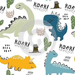 Childish dinosaur seamless pattern for fashion clothes, fabric, t shirts. hand drawn vector with lettering photo