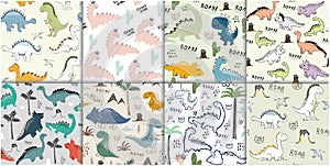 Childish dinosaur seamless pattern set for fashion clothes, fabric, t shirts. vector