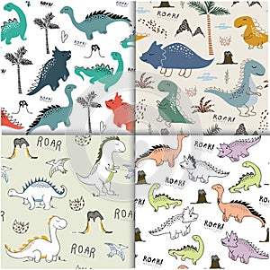 Childish dinosaur seamless pattern set for fashion clothes, fabric, t shirts. vector