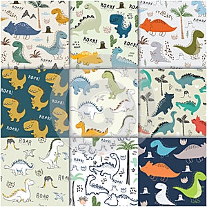 Childish dinosaur seamless pattern set for fashion clothes, fabric, t shirts. vector photo