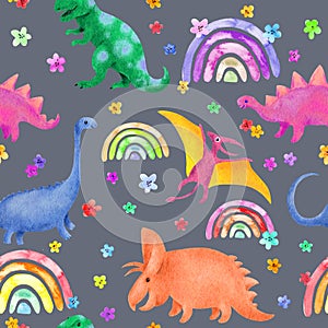 Childish dinosaurs seamless pattern. Lovely fantastic dino. Watercolor prehistoric repeated background with rainbows