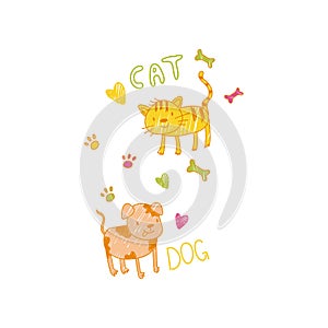 Childish drawing of cat and dog vector Illustration can be used for poster, greeting card, banner, label, book