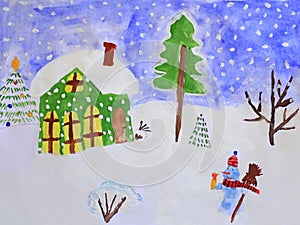 Childish drawing of fabulous snowman and house