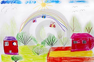 Childish drawing of funny house flowers and rainbow