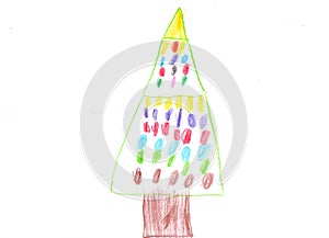 childish drawing of green branches of fir-tree and Christmas-tree decorations