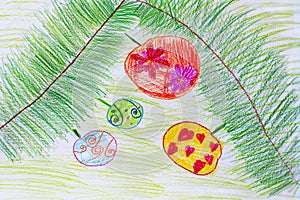 Childish drawing of green branches of fir-tree and Christmas-tree decorations