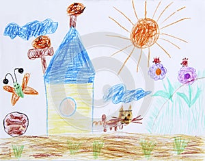Childish drawing of house clouds butterfly and flower bed