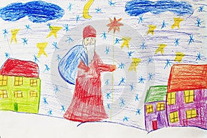 Childish drawing of Santa Claus houses and star snowfall