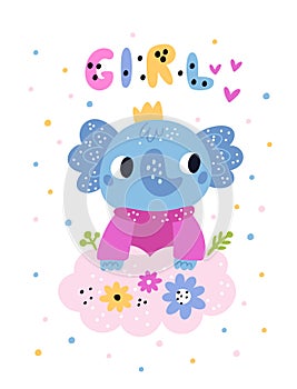 Childish elephants card. Baby shower. Girl animal. Kids birthday invitation. Holiday cute banner. Adorable newborn