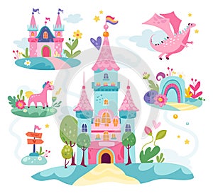 Childish fairytale kingdom village with dragon, flower meadow, castle tower exterior isolated set