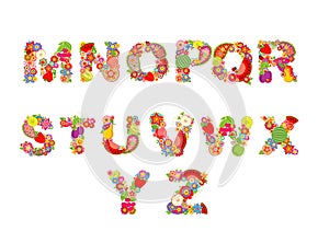 Childish funny vector flowers font with fruits. Summery alphabet, part 2