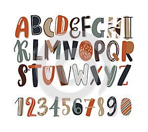 Childish hand drawn latin font or english alphabet decorated with scribble or scrawl. Colored letters arranged in