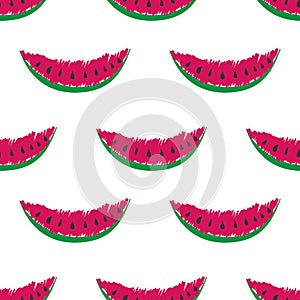 Childish Hand Drawn Piece of Watermelon Seamless Pattern on White Background